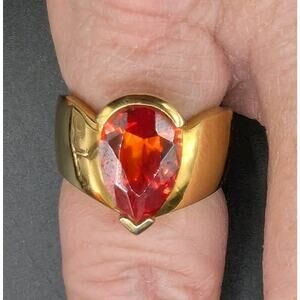 Gold Plated Sterling Silver 925 Fiery Orange Pear/Tear Drop Ring Size 7